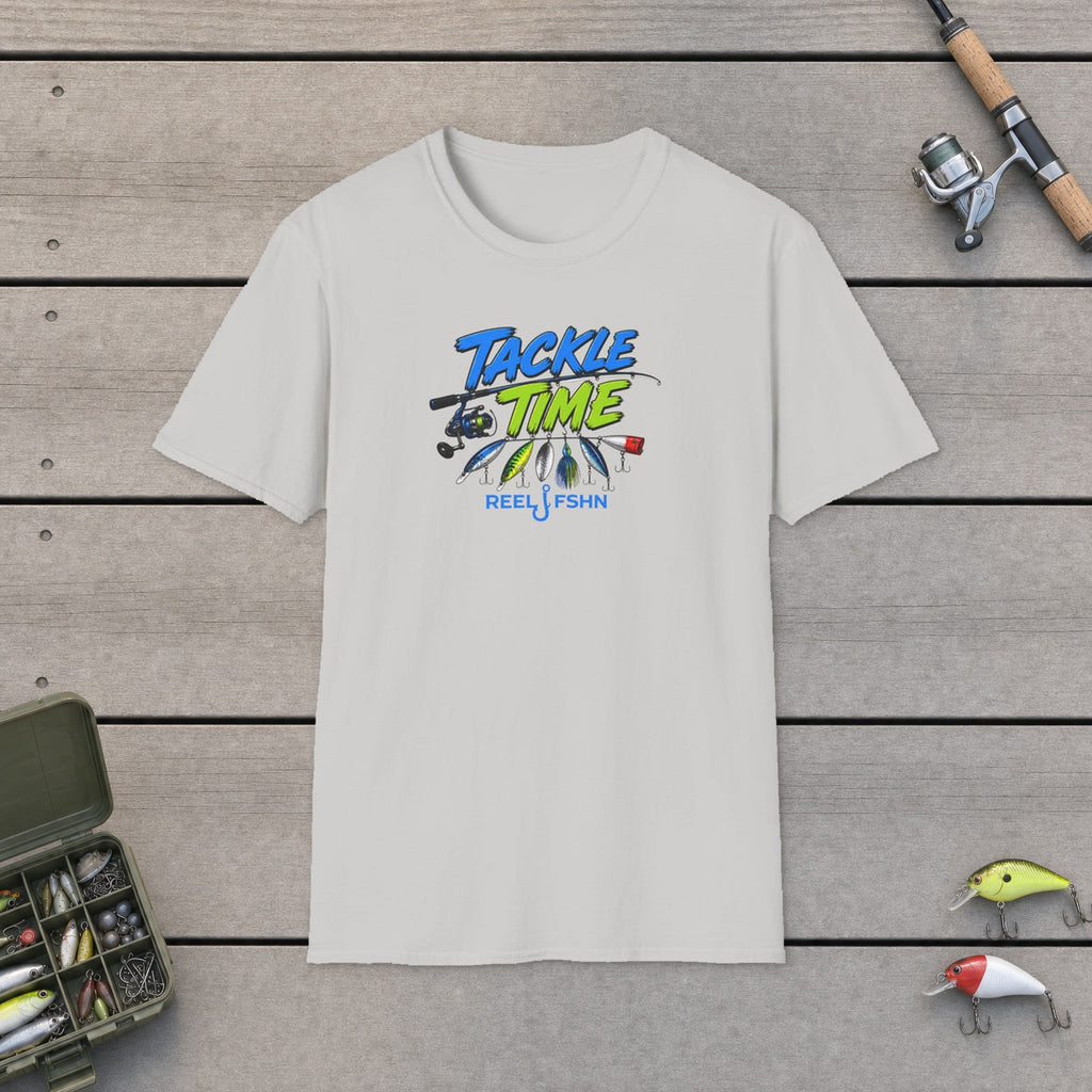 Tackle Time  T-Shirt flat-laid on wooden dock boards beside a fishing rod and tackle box