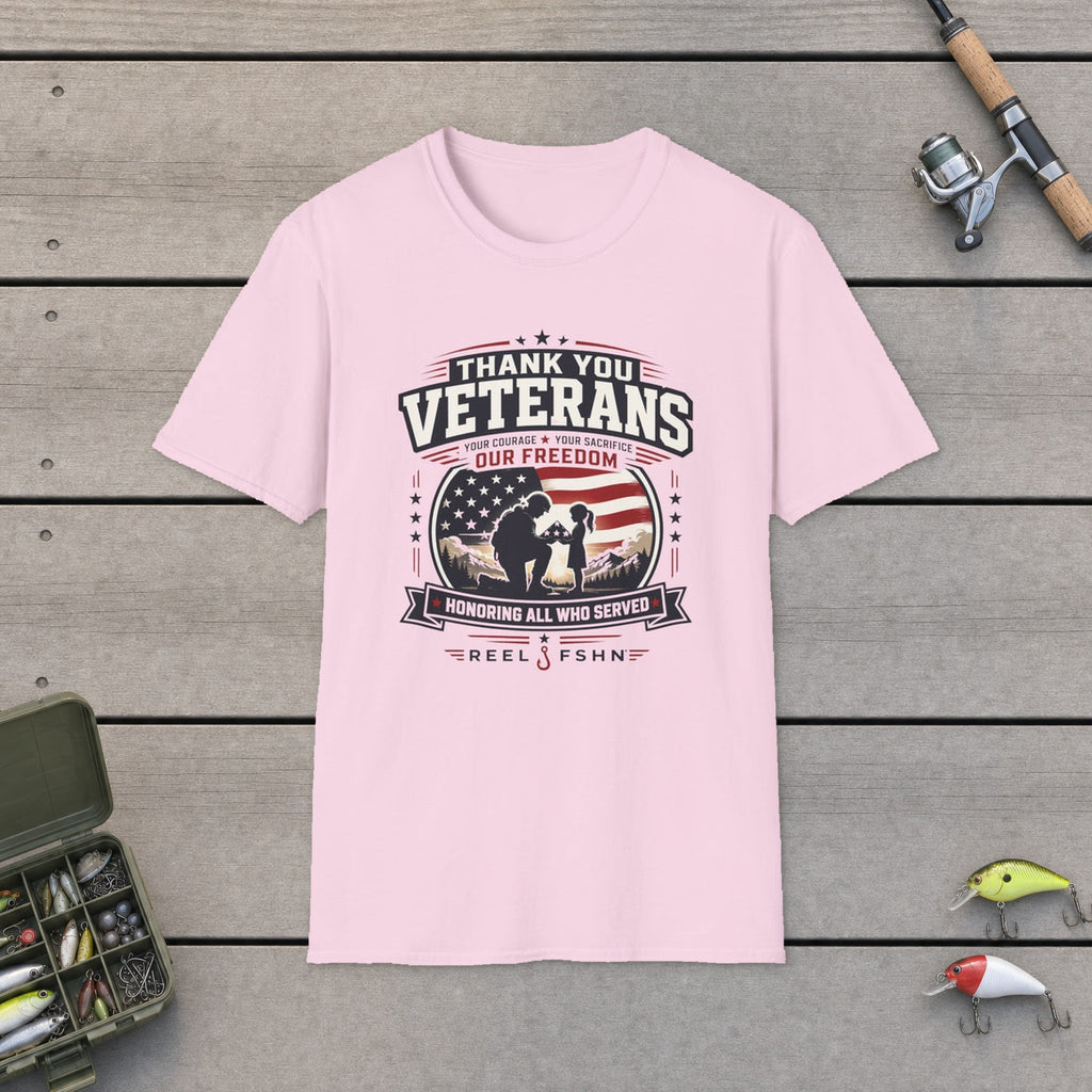 Thank You Veterans Honoring All Who Served T-Shirt flat-laid on wooden dock boards beside a fishing rod and tackle box