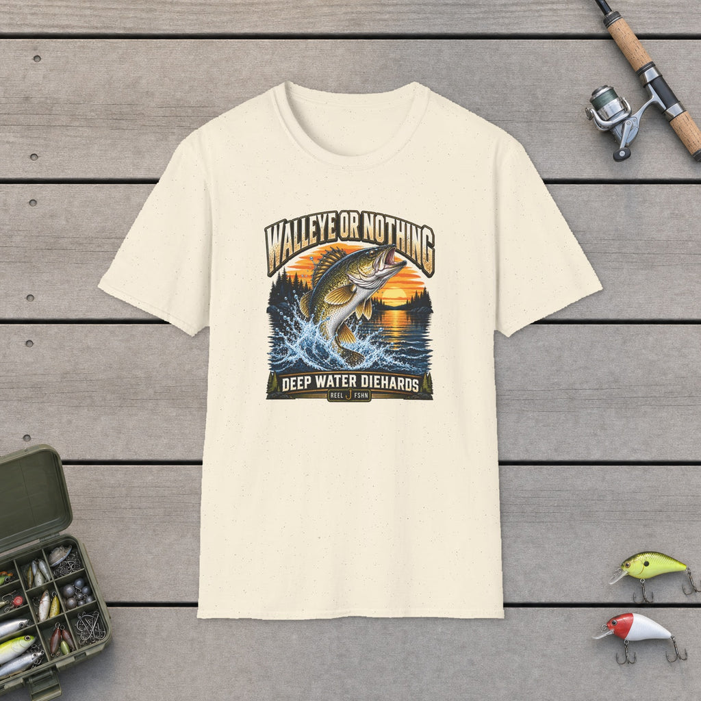 Walleye or Nothing T-Shirt flat-laid on wooden dock boards beside a fishing rod and tackle box