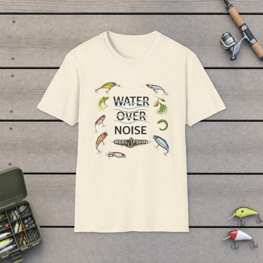 Water Over Noise T-Shirt flat-laid on wooden dock boards beside a fishing rod and tackle box