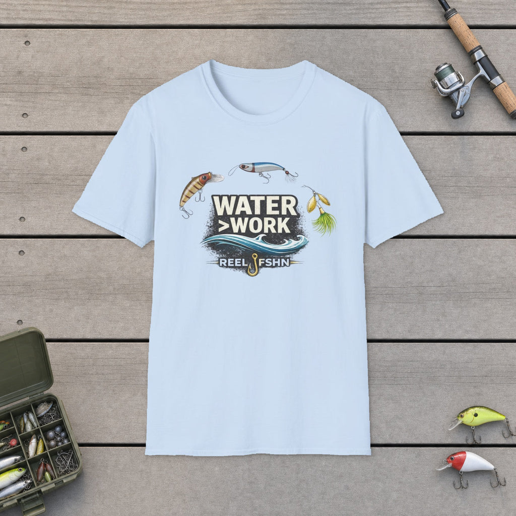 Water Work T-Shirt flat-laid on wooden dock boards beside a fishing rod and tackle box