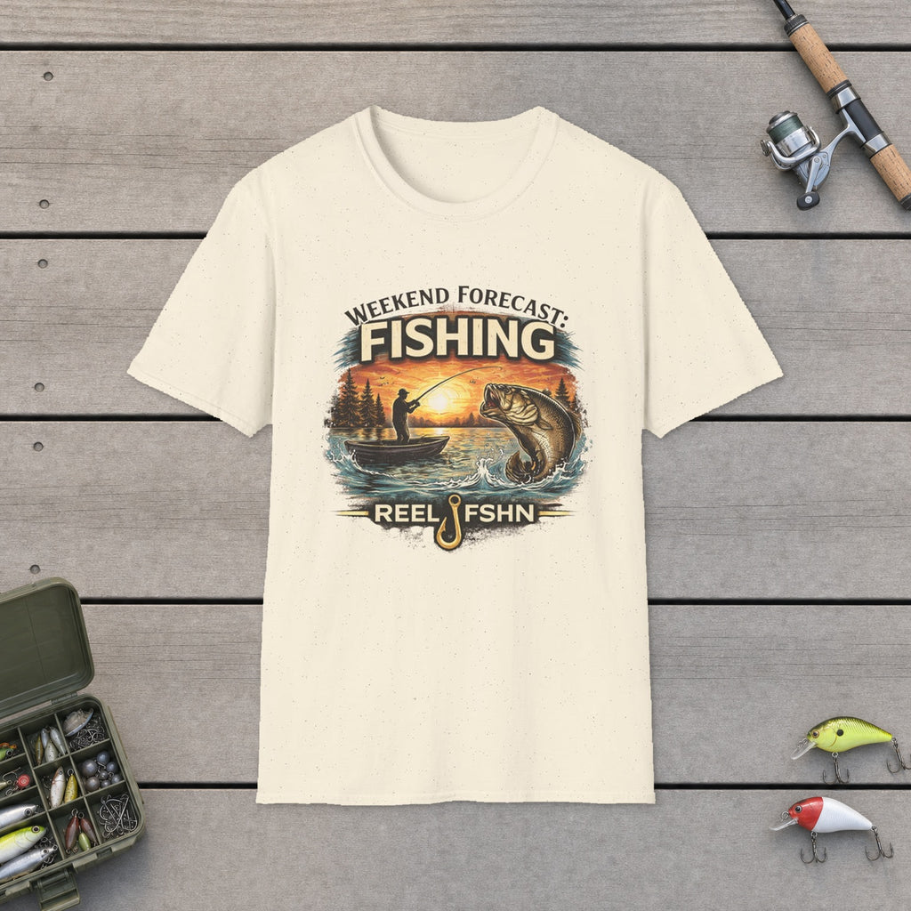 Weekend Forecast: Fishing T-Shirt flat-laid on wooden dock boards beside a fishing rod and tackle box