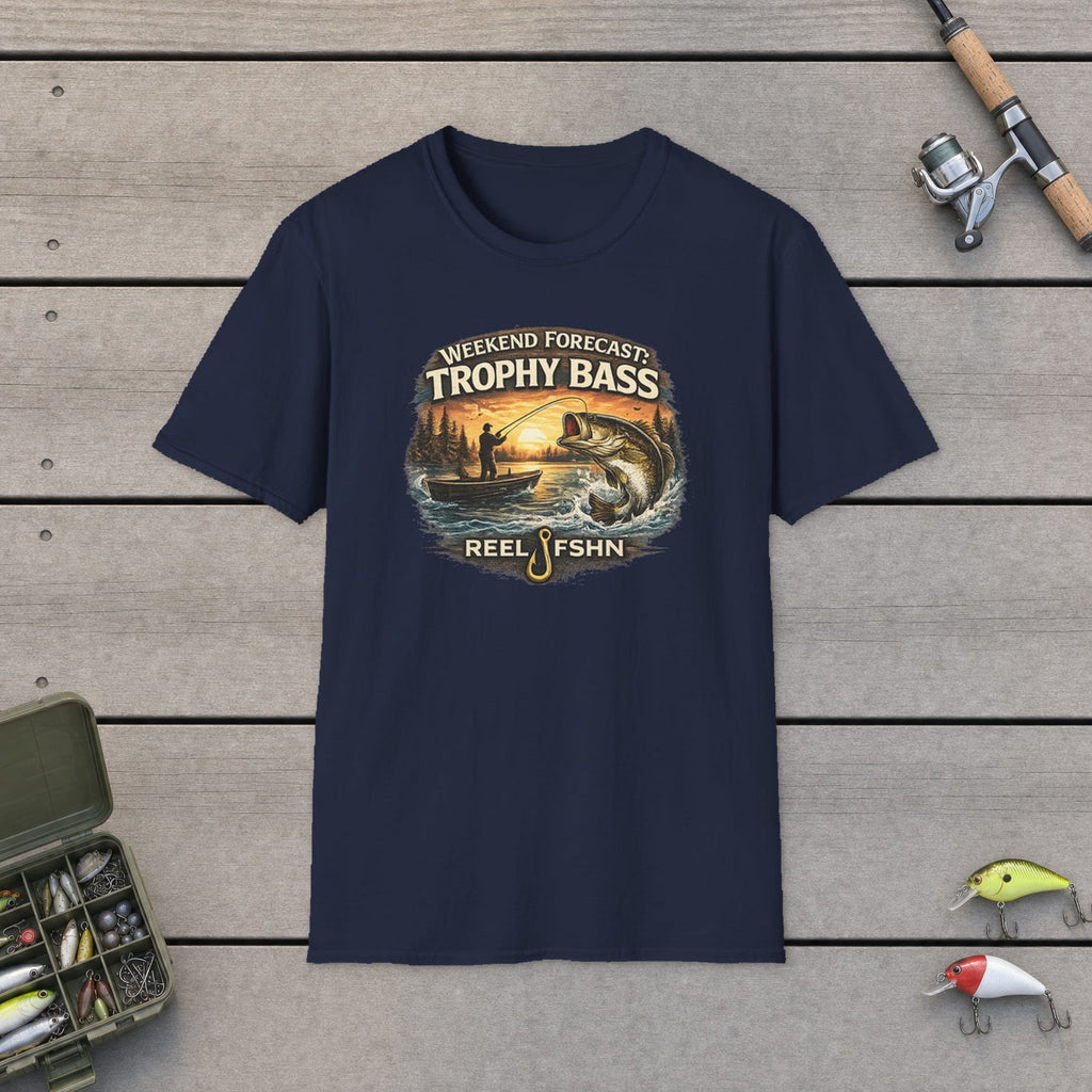 Weekend Forecast: Trophy Bass T-Shirt flat-laid on wooden dock boards beside a fishing rod and tackle box