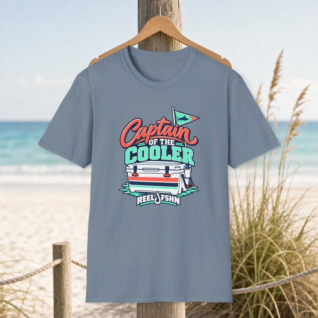 Captain Of The Cooler T-Shirt on a hanger beside a sandy beach and turquoise coastal water
