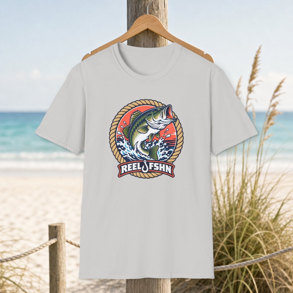 Coral Leaping Bass Badge T-Shirt on a hanger beside a sandy beach and turquoise coastal water