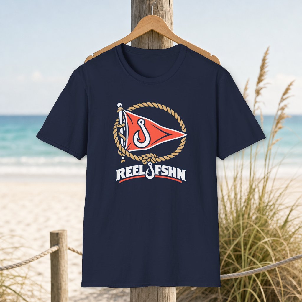 Coral Pennant Flag T-Shirt on a hanger beside a sandy beach and turquoise coastal water