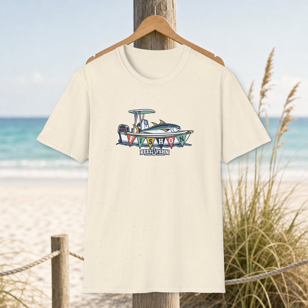 Fish On Tropical Boat T-Shirt on a hanger beside a sandy beach and turquoise coastal water
