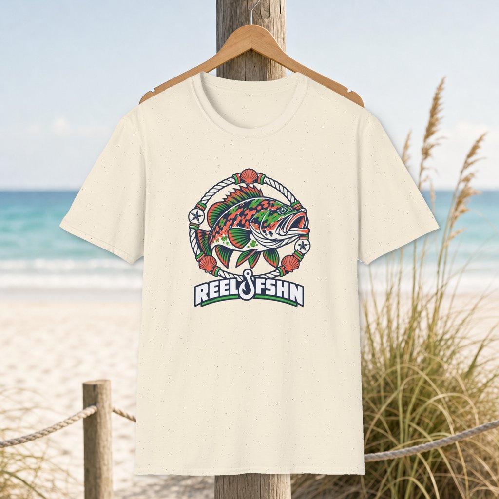Grouper In White Rope Badge T-Shirt on a hanger beside a sandy beach and turquoise coastal water