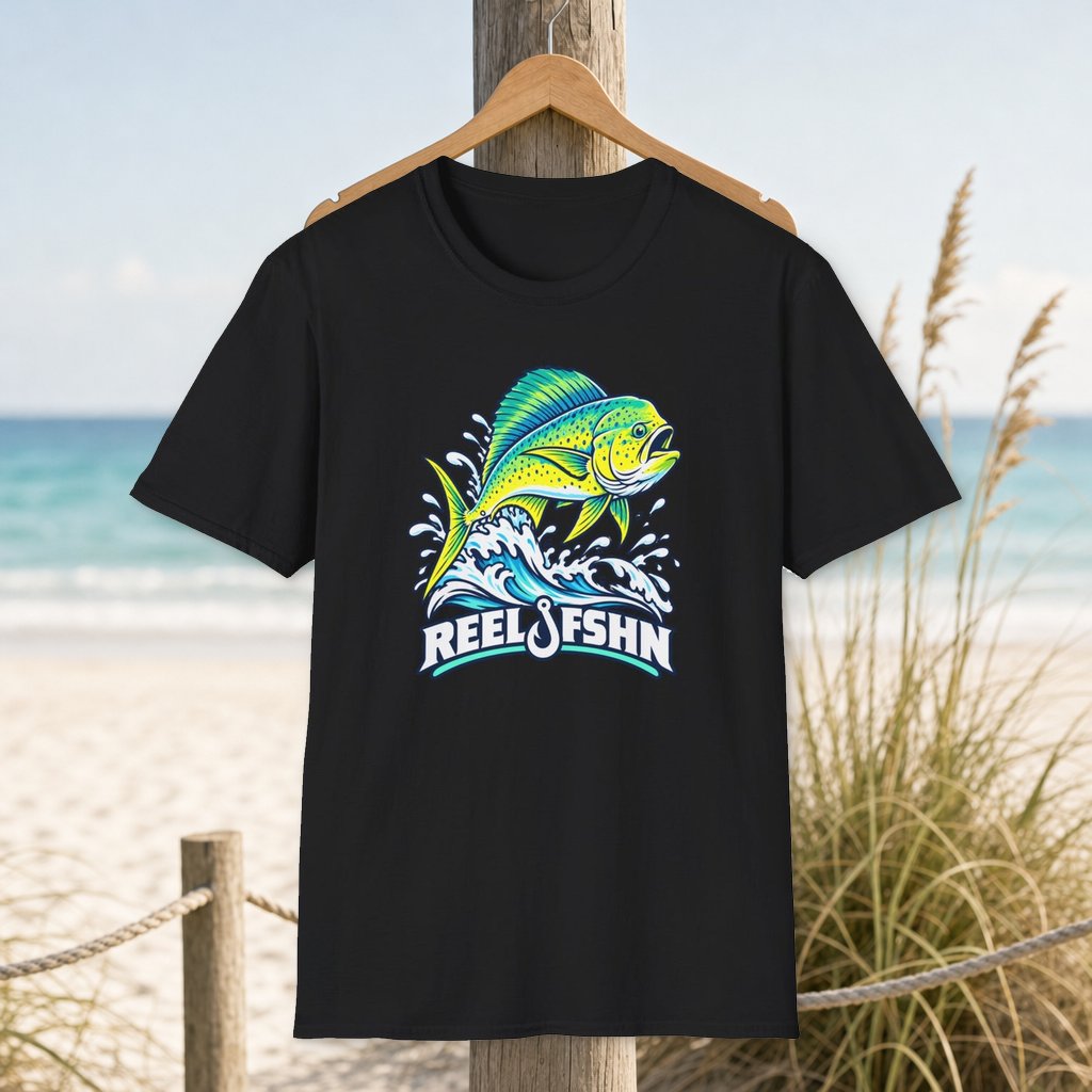 Mahi Mahi Leaping T-Shirt on a hanger beside a sandy beach and turquoise coastal water