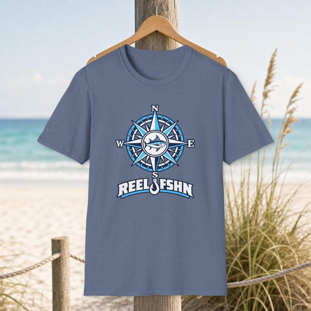 Nautical Compass T-Shirt on a hanger beside a sandy beach and turquoise coastal water