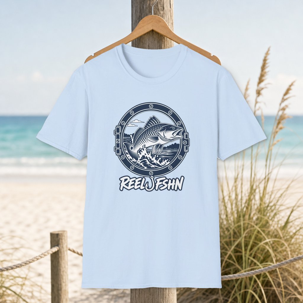 Porthole with Redfish T-Shirt on a hanger beside a sandy beach and turquoise coastal water