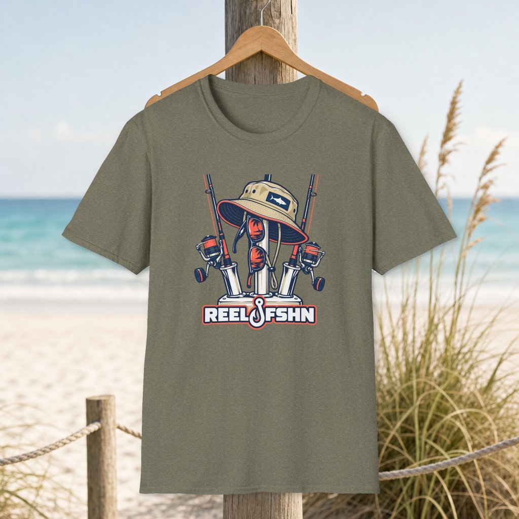 Preppy Fisherman Hat & Glasses T-Shirt on a hanger beside a sandy beach and turquoise coastal water