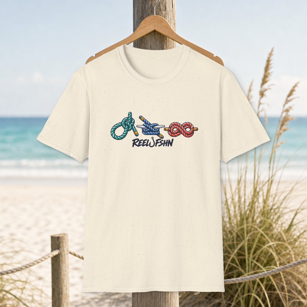 Trio Of Fishing Knots T-Shirt on a hanger beside a sandy beach and turquoise coastal water
