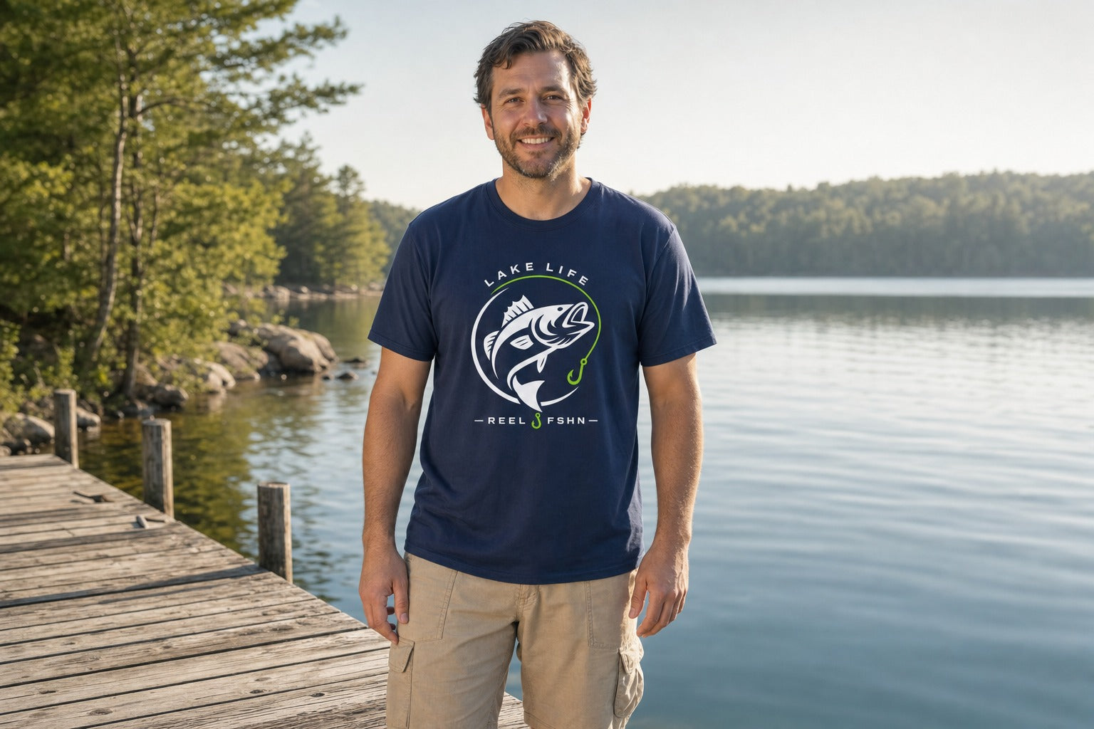 Man wearing a navy REEL FSHN Lake Life T-shirt on a dock beside a lake