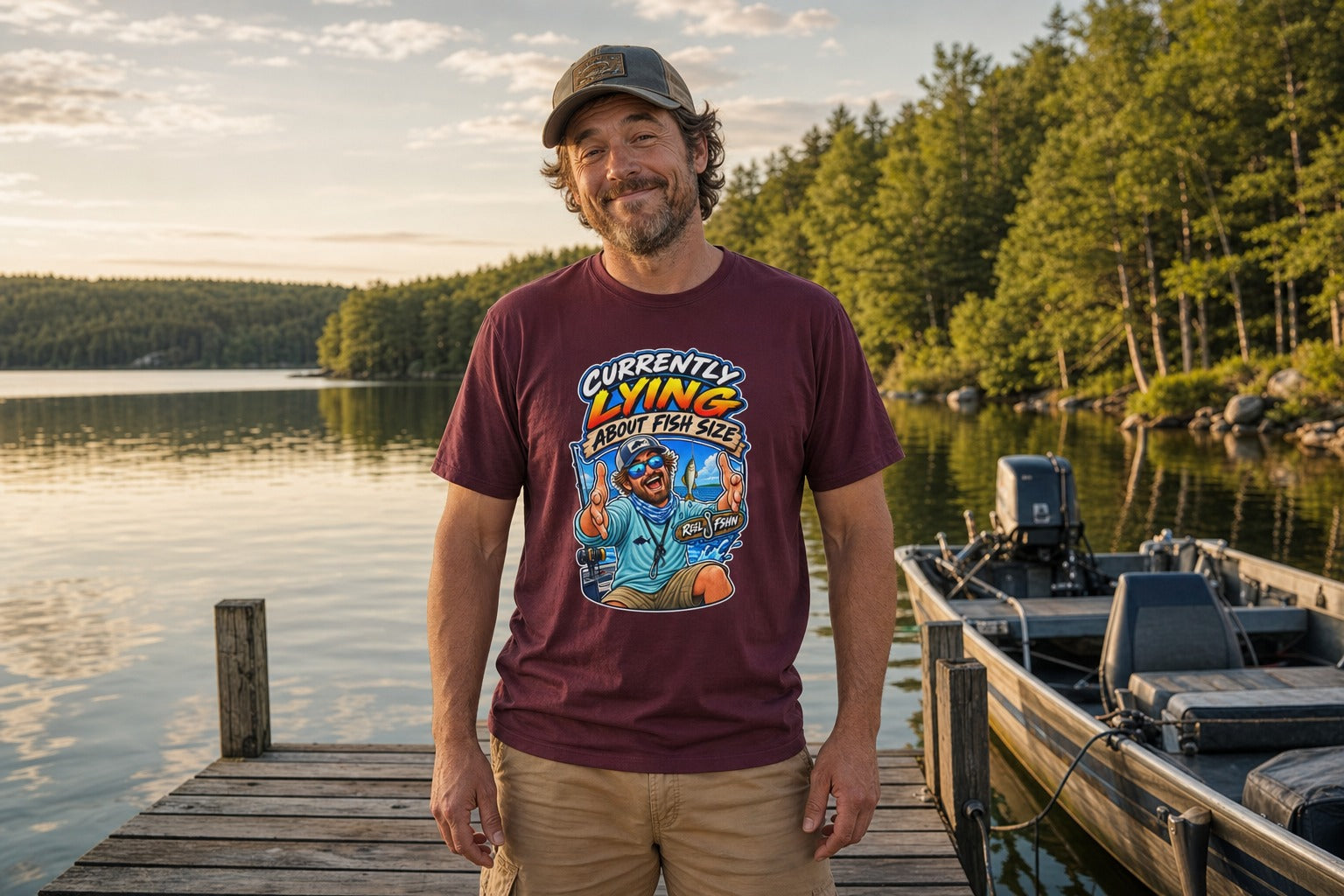 Man wearing a burgundy Currently Lying About Fish Size T-shirt on a lakeside dock beside a fishing boat