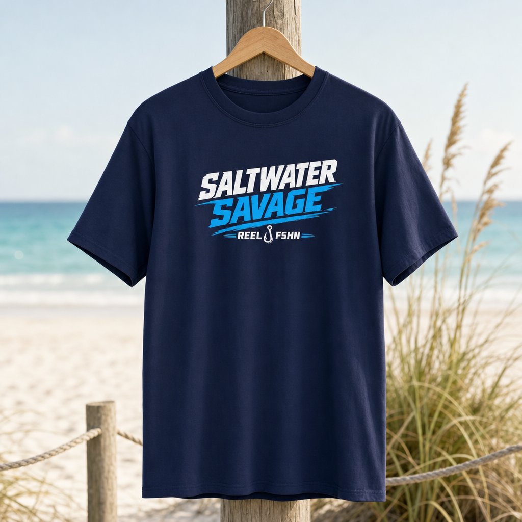 Saltwater Savage T-shirt hanging beside a sandy beach and turquoise coastal water