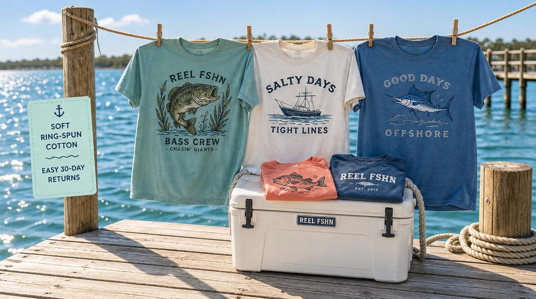 REEL FSHN fishing shirts hanging on a line above a sunny marina
