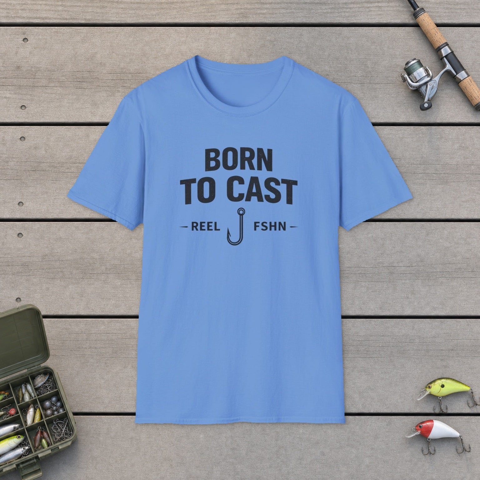 Born to Cast Fishing T-Shirt on a wooden dock