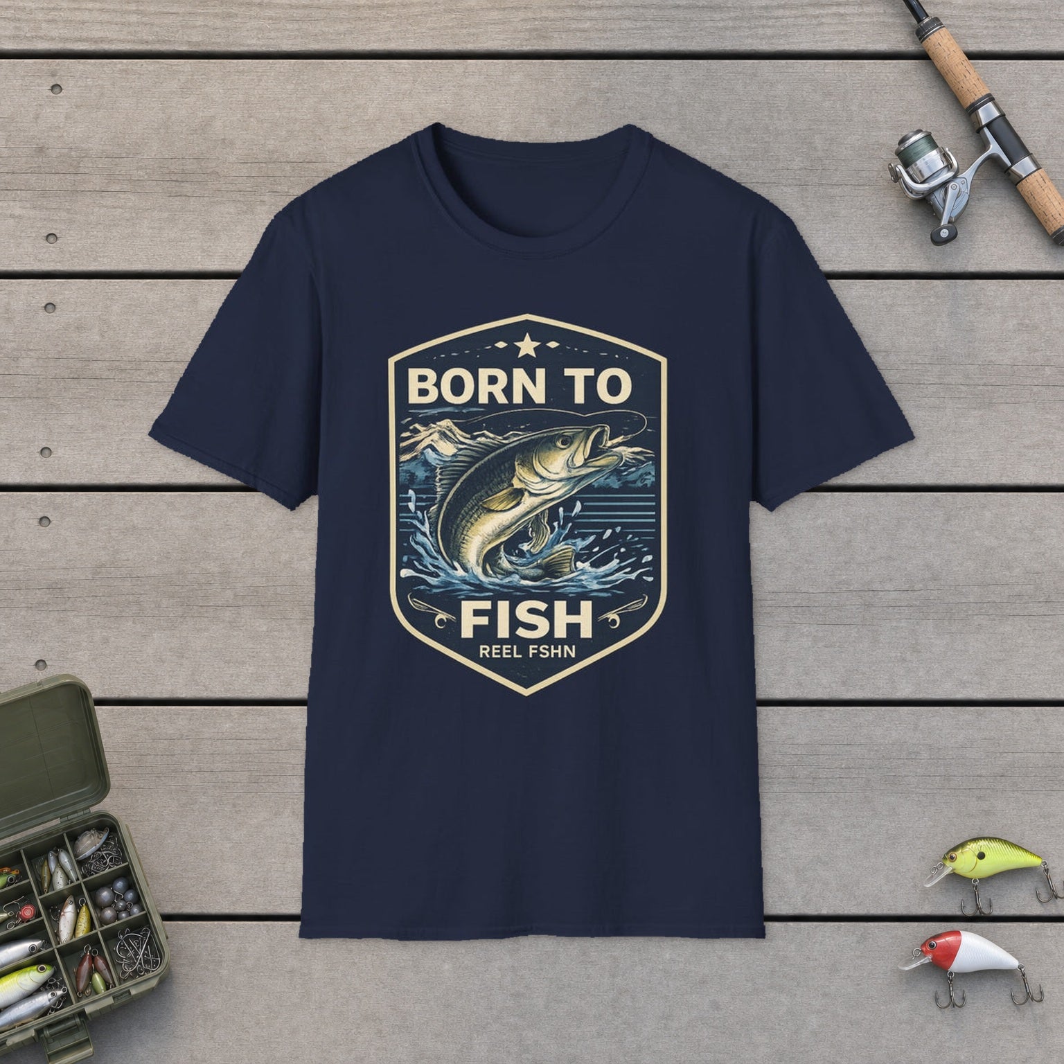 Born to Fish T-Shirt on a wooden dock
