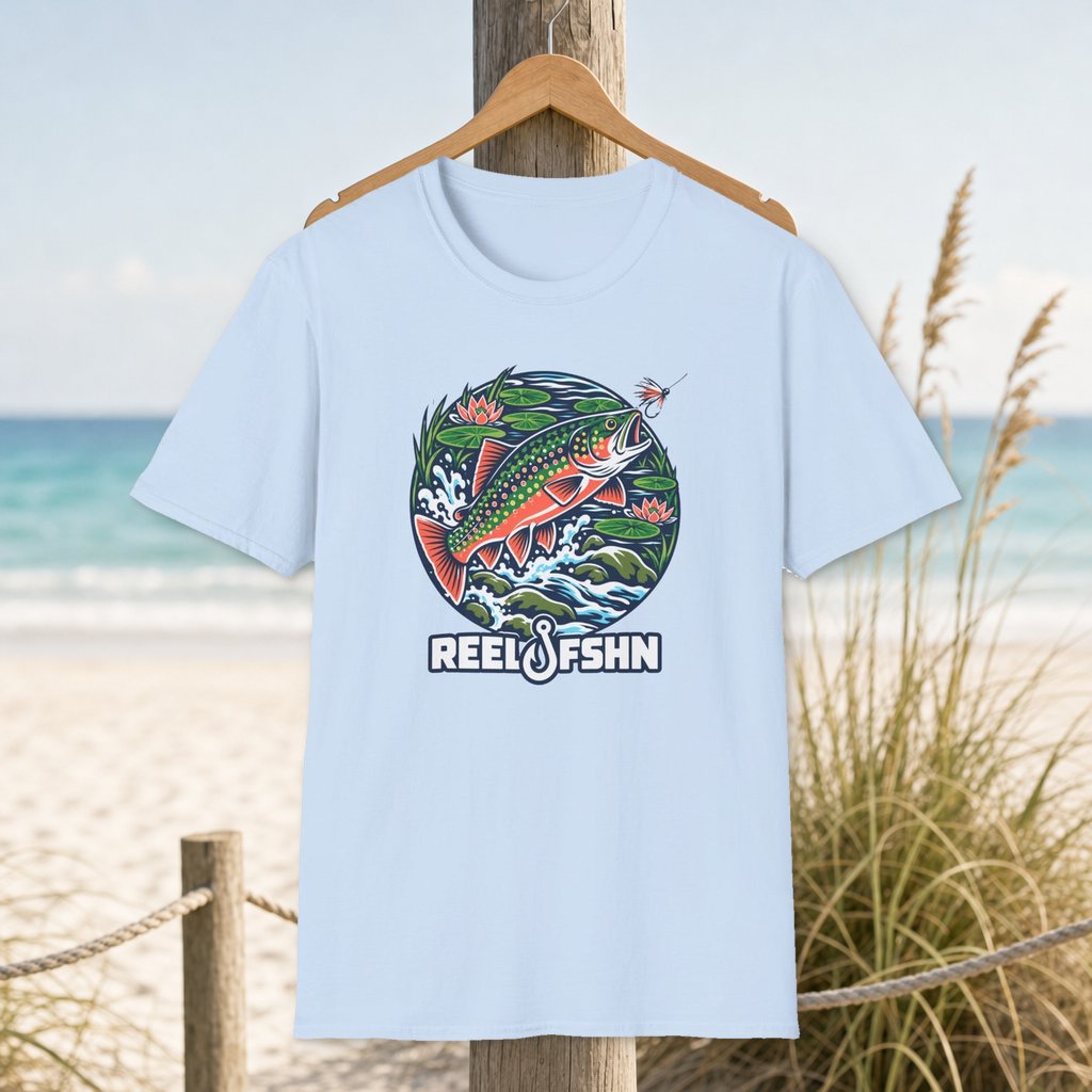 Brook Trout T-Shirt on a hanger beside a sandy beach and turquoise coastal water